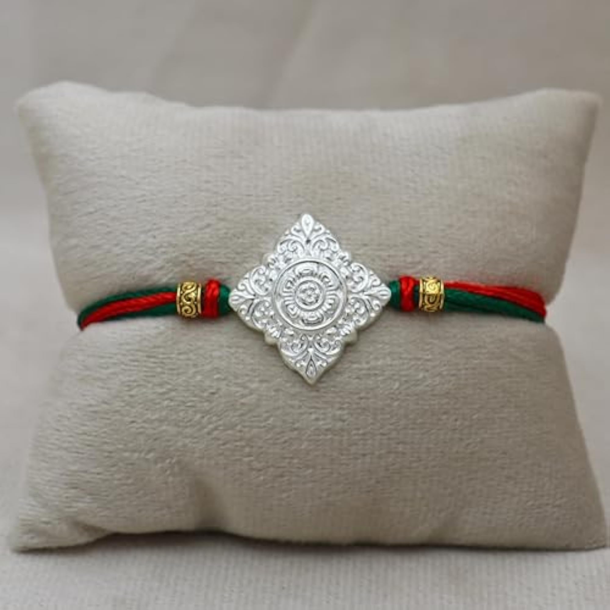 925 Sterling Silver Rakhi Thread for Brother, Handcrafted Floral Design